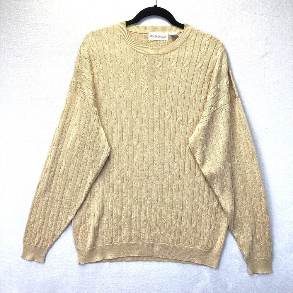 Vintage‎ 90s Barry Bricken 100% Silk Cable Knit Sweater Mens Large Tan Crewneck